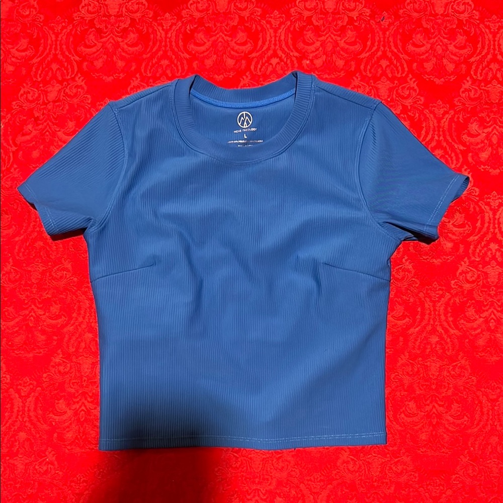 Move Theology Blue Ribbed Crop Top Women’s L Open Back Athletic Shirt